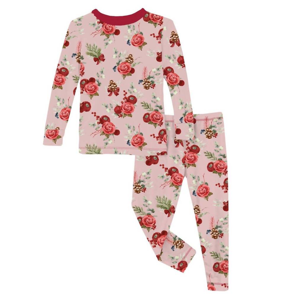 NEW KICKEE girl's long sleeve pajama set in baby rose holiday floral